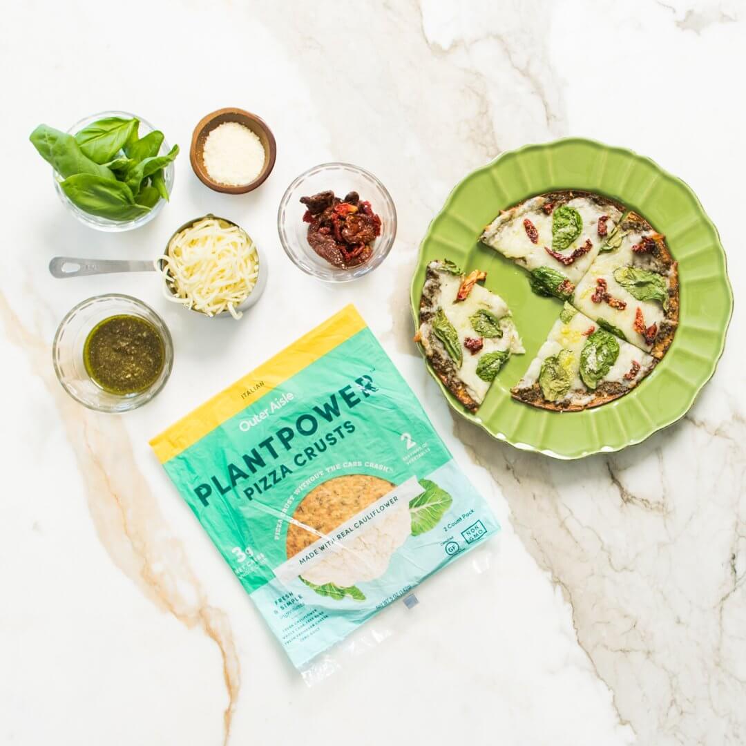 Keto Pesto Pizza Recipe with Jeanne David Cauliflower Pizza Crust Outer Aisle